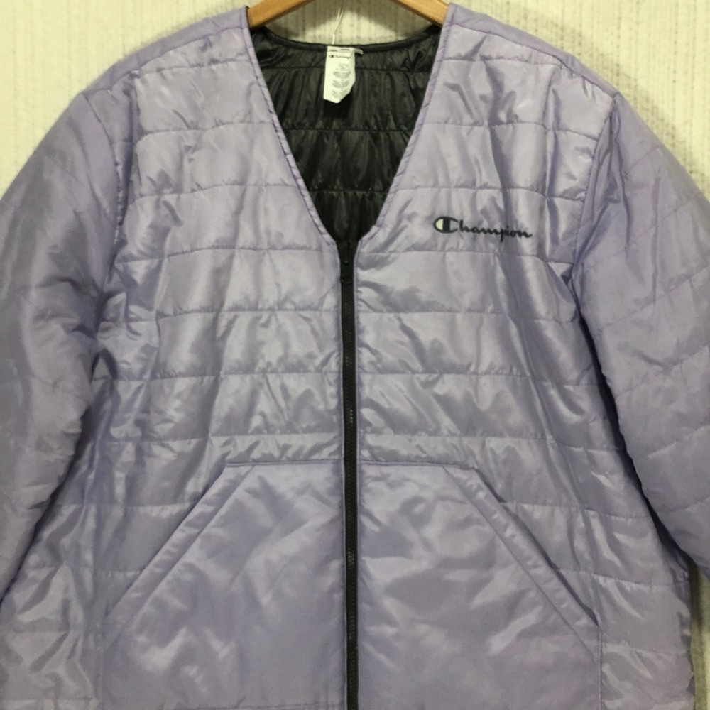 Champion Reversible Quilted Jacket Lavender Black Full Zip V Neck Puffer Coat